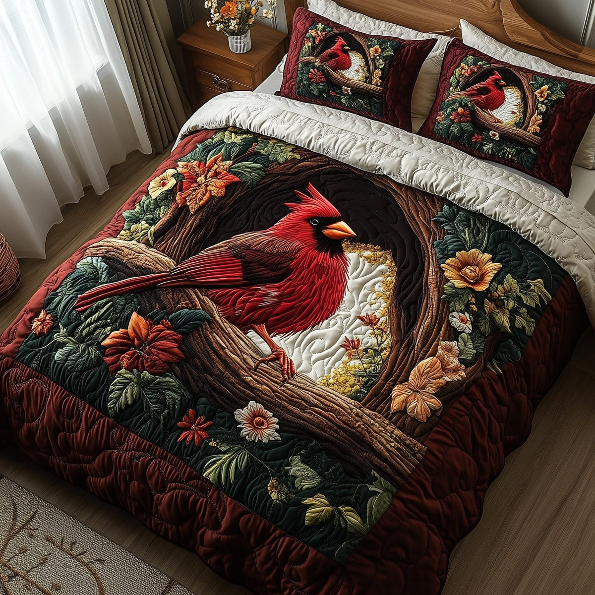 Woodland Serenade quilted 3-piece bedding set on a made bed with two matching pillow shams