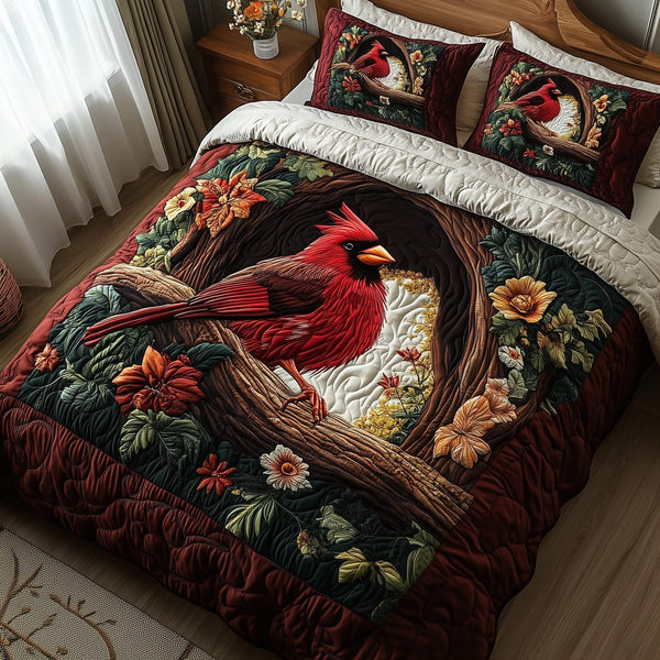 Woodland Serenade quilted 3-piece bedding set on a made bed with two matching pillow shams