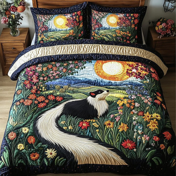 Woodland Skunk Charm quilted 3-piece bedding set on a made bed with two matching pillow shams