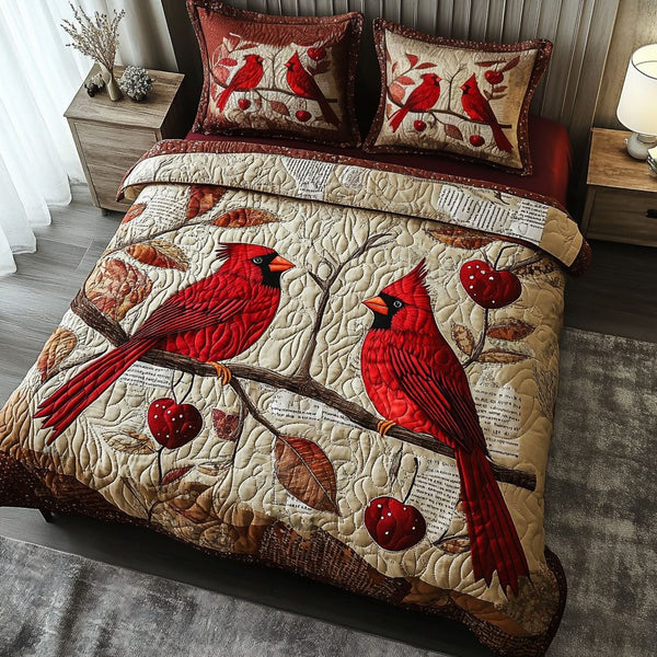 Woodland Song quilted 3-piece bedding set on a made bed with two matching pillow shams