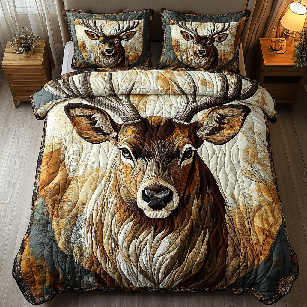 Woodland Spirit quilted 3-piece bedding set on a made bed with two matching pillow shams