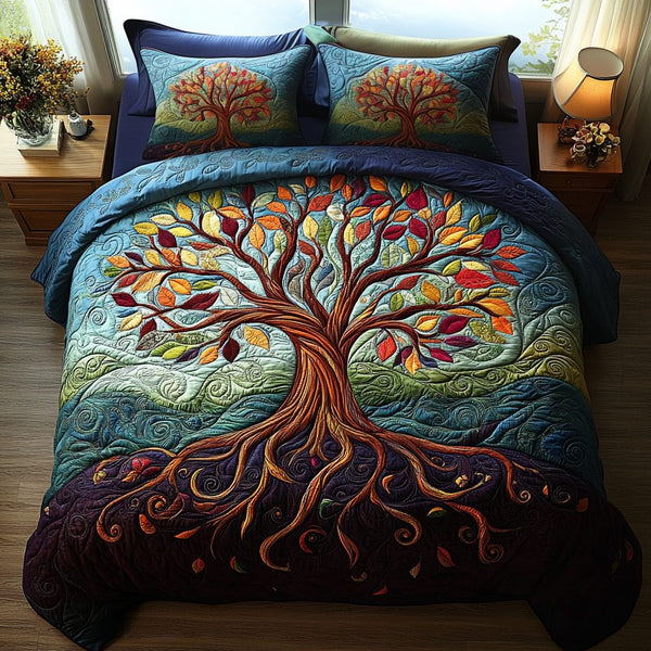 Woodland Spirit quilted 3-piece bedding set on a made bed with two matching pillow shams