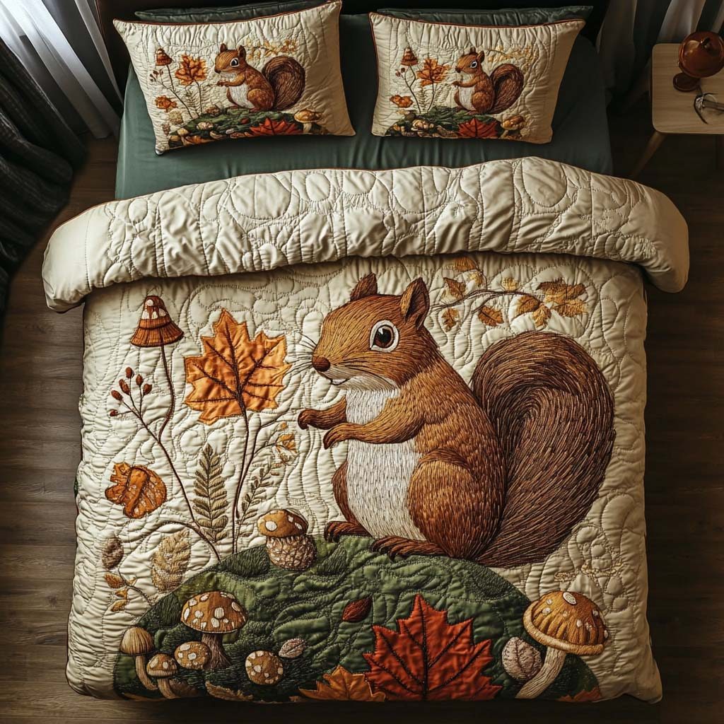 Woodland Squirrel quilted 3-piece bedding set on a made bed with two matching pillow shams