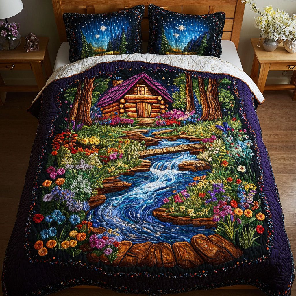 Woodland Stream quilted 3-piece bedding set on a made bed with two matching pillow shams