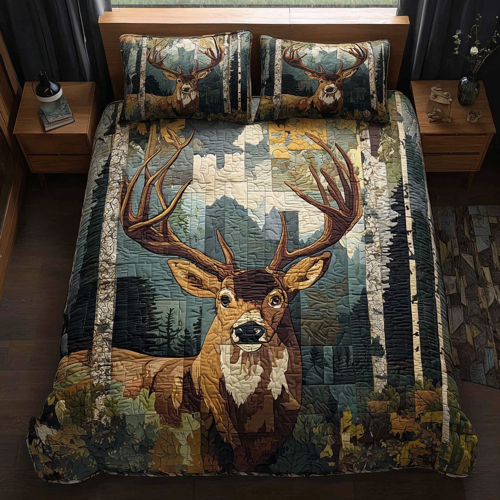 Woodland Stride quilted 3-piece bedding set on a made bed with two matching pillow shams