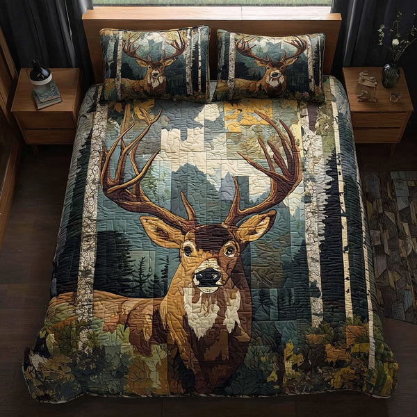 Woodland Stride quilted 3-piece bedding set on a made bed with two matching pillow shams