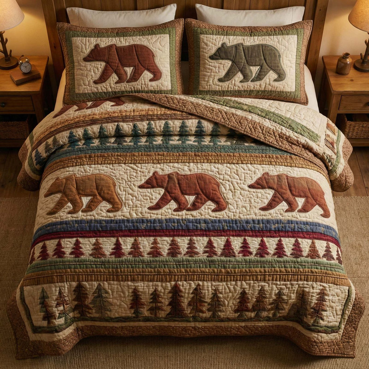 Woodland Stripes quilted 3-piece bedding set on a made bed with two matching pillow shams