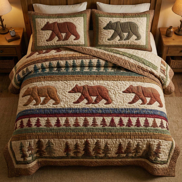 Woodland Stripes quilted 3-piece bedding set on a made bed with two matching pillow shams