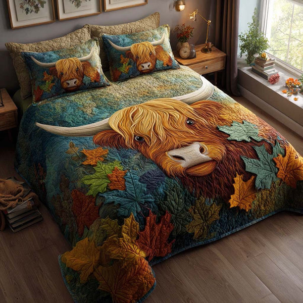Woodland Stroll quilted 3-piece bedding set on a made bed with two matching pillow shams