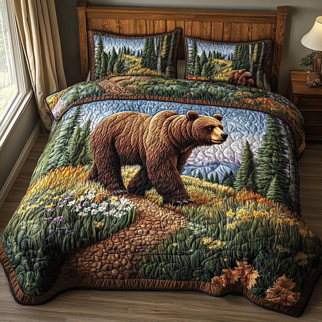 Woodland Titan quilted 3-piece bedding set on a made bed with two matching pillow shams