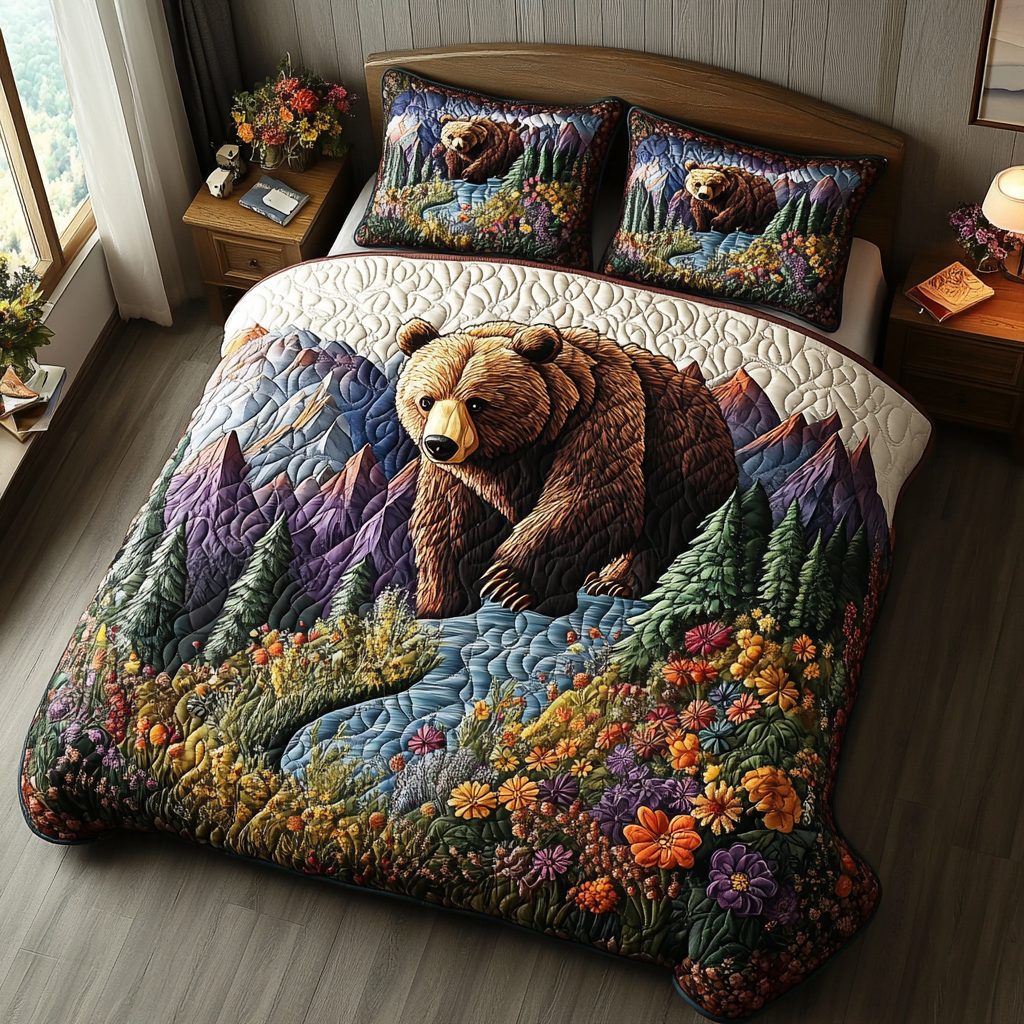 Woodland Titan quilted 3-piece bedding set on a made bed with two matching pillow shams