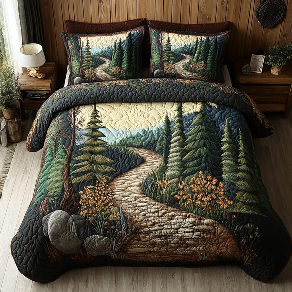 Woodland Trail quilted 3-piece bedding set on a made bed with two matching pillow shams