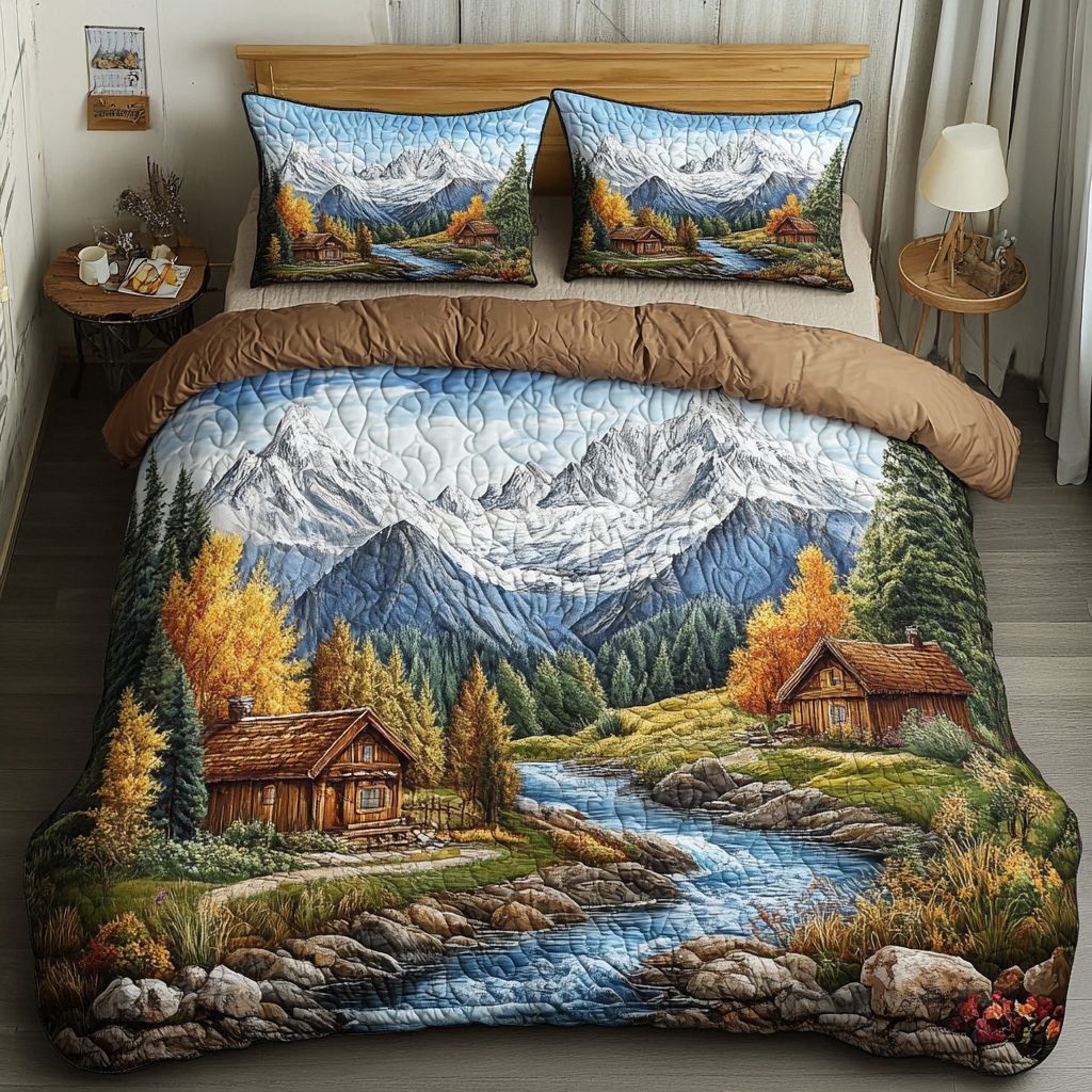 Woodland View quilted 3-piece bedding set on a made bed with two matching pillow shams