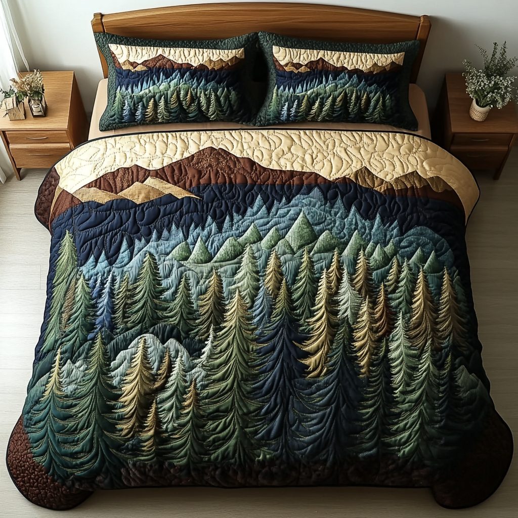 Woodland View quilted 3-piece bedding set on a made bed with two matching pillow shams