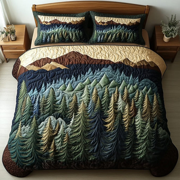 Woodland View quilted 3-piece bedding set on a made bed with two matching pillow shams