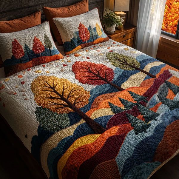 Woodland Walks quilted 3-piece bedding set on a made bed with two matching pillow shams