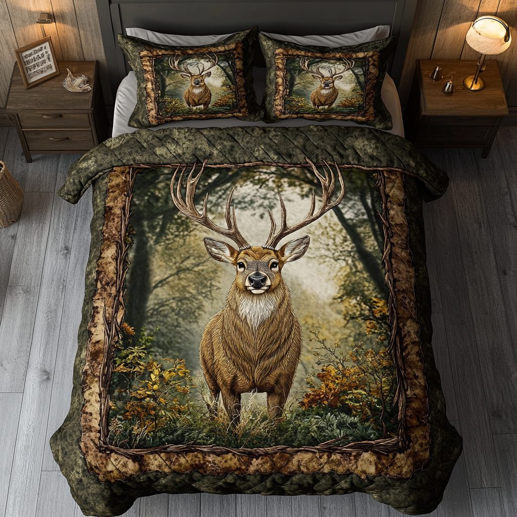 Woodland Wanderer quilted 3-piece bedding set on a made bed with two matching pillow shams