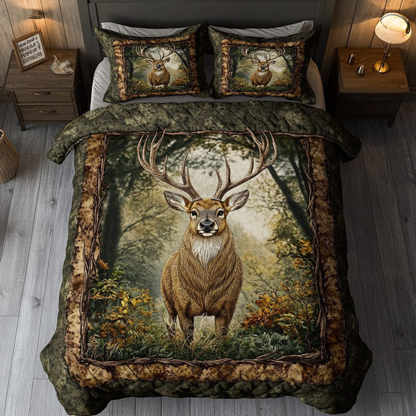 Woodland Wanderer quilted 3-piece bedding set on a made bed with two matching pillow shams