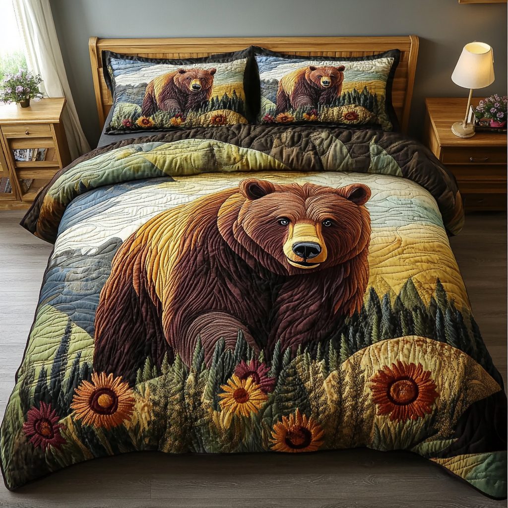 Woodland Wanderer quilted 3-piece bedding set on a made bed with two matching pillow shams