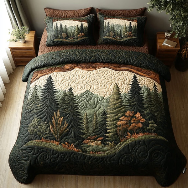 Woodland Wanderlust quilted 3-piece bedding set on a made bed with two matching pillow shams