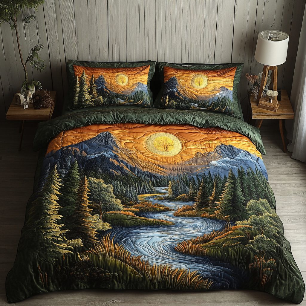 Woodland Wanderlust quilted 3-piece bedding set on a made bed with two matching pillow shams