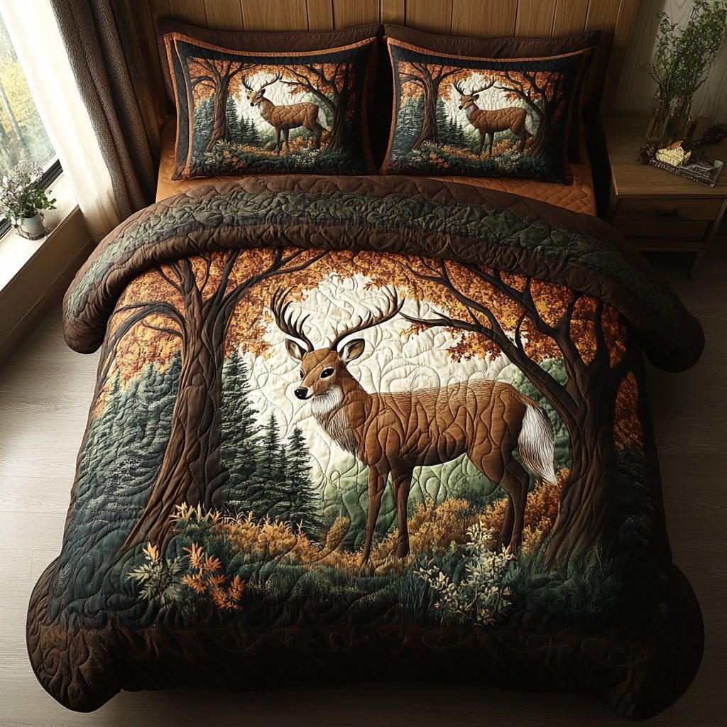 Woodland Watch quilted 3-piece bedding set on a made bed with two matching pillow shams