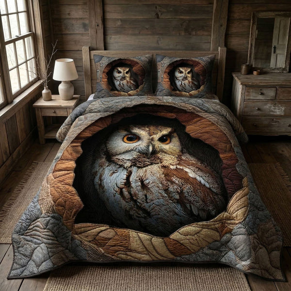 Woodland Watch quilted 3-piece bedding set on a made bed with two matching pillow shams