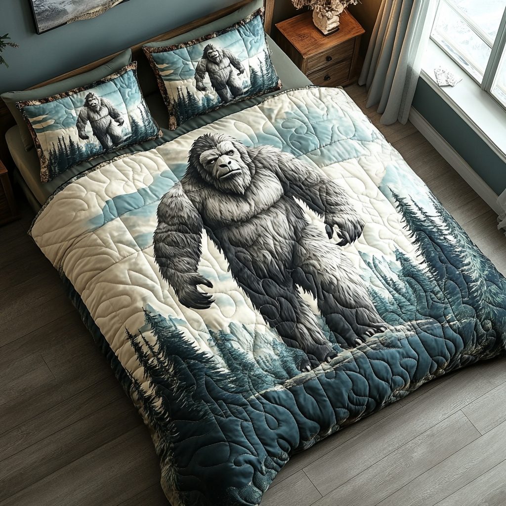 Woodland Watcher quilted 3-piece bedding set on a made bed with two matching pillow shams