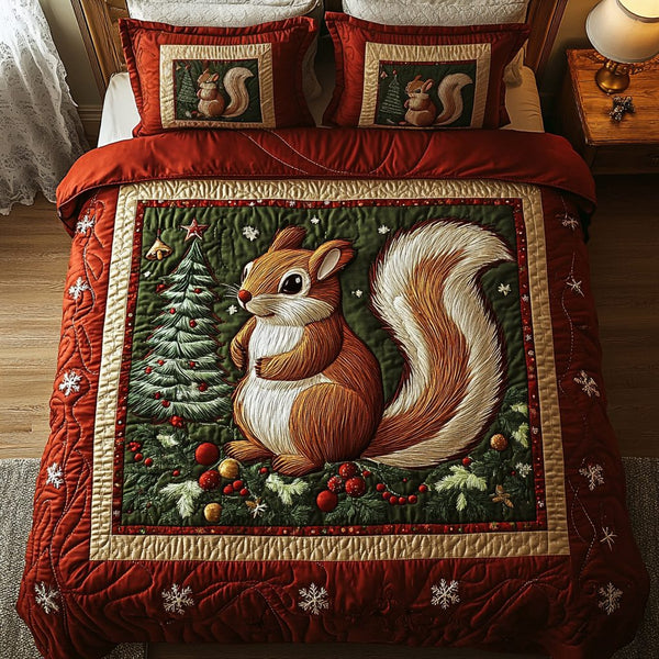 Woodland Whimsy quilted 3-piece bedding set on a made bed with two matching pillow shams