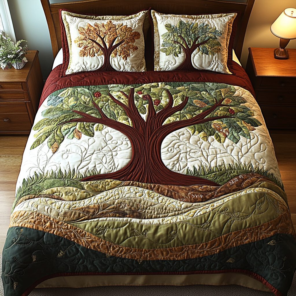 Woodland Whisper quilted 3-piece bedding set on a made bed with two matching pillow shams