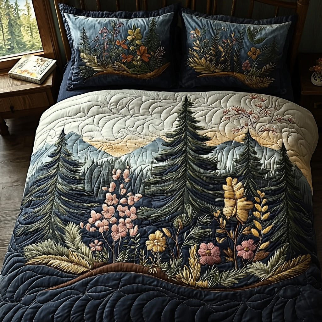 Woodland Whisper quilted 3-piece bedding set on a made bed with two matching pillow shams