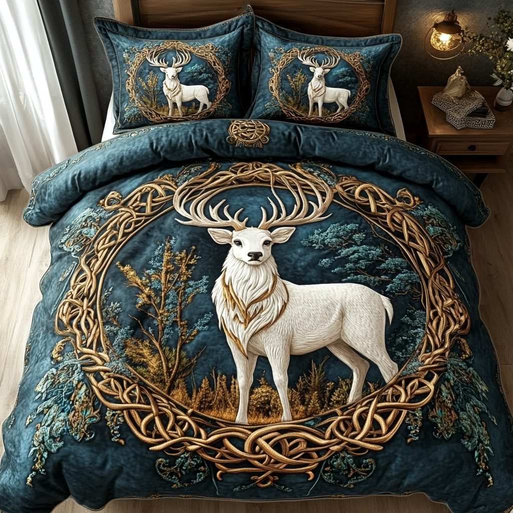 Woodland Whispers quilted 3-piece bedding set on a made bed with two matching pillow shams
