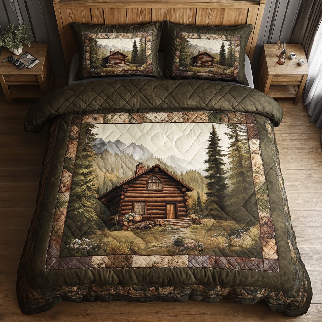 Woodland Whispers quilted 3-piece bedding set on a made bed with two matching pillow shams