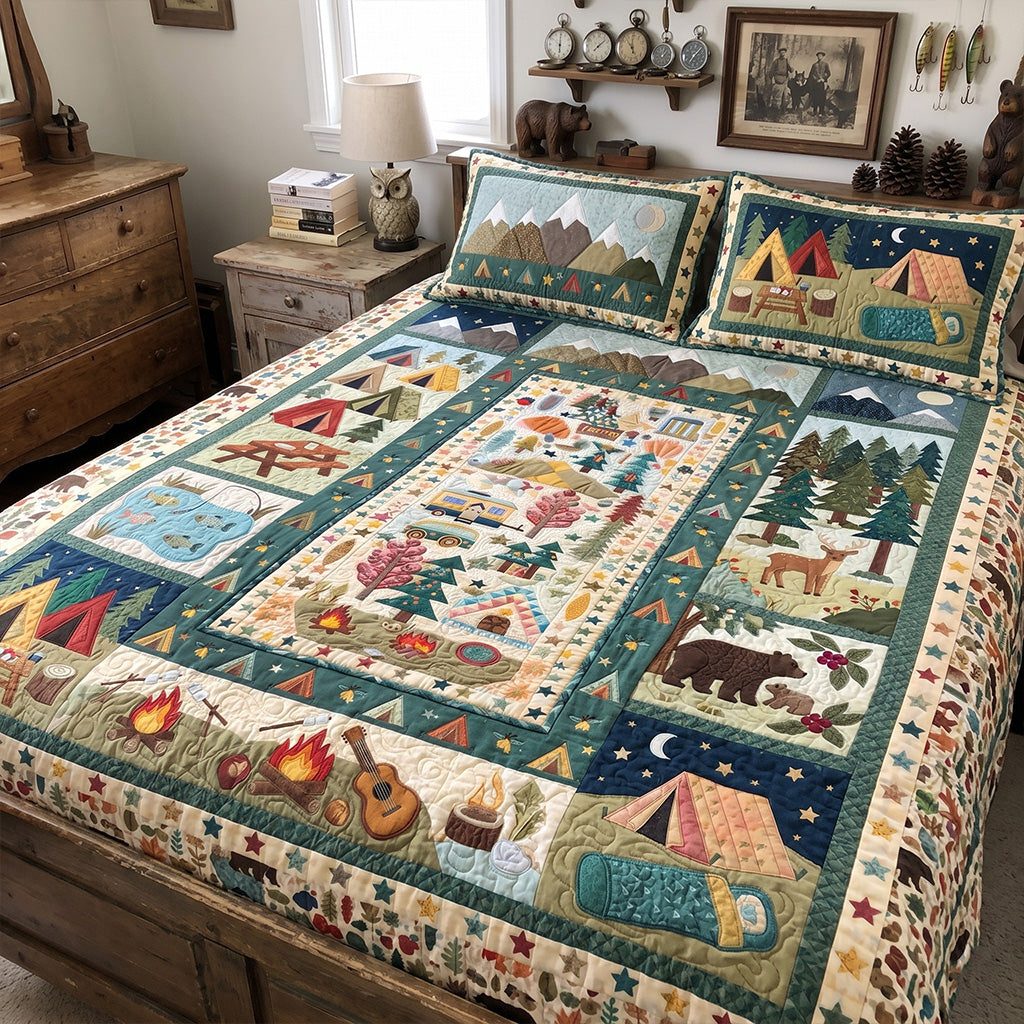 Woodland Whispers quilted 3-piece bedding set on a made bed with two matching pillow shams