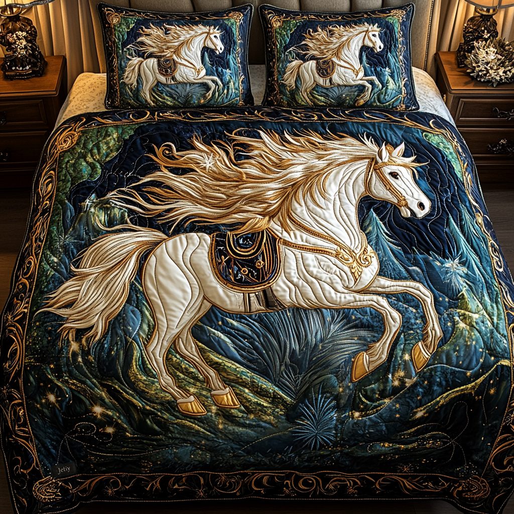 Woodland Whispers quilted 3-piece bedding set on a made bed with two matching pillow shams