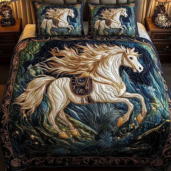 Woodland Whispers quilted 3-piece bedding set on a made bed with two matching pillow shams
