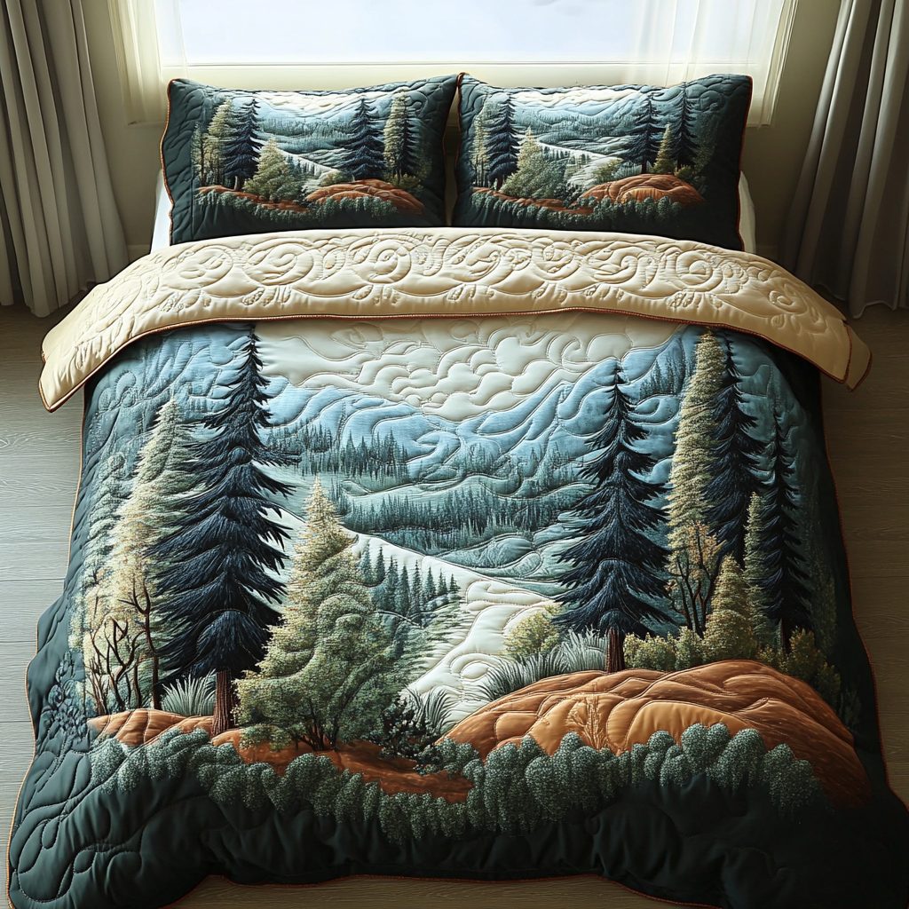 Woodland Winter Charm quilted 3-piece bedding set on a made bed in a winter-styled bedroom