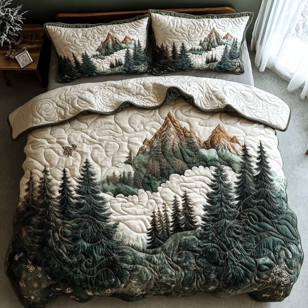 Woodland Winter quilted 3-piece bedding set on a made bed in a winter-styled bedroom