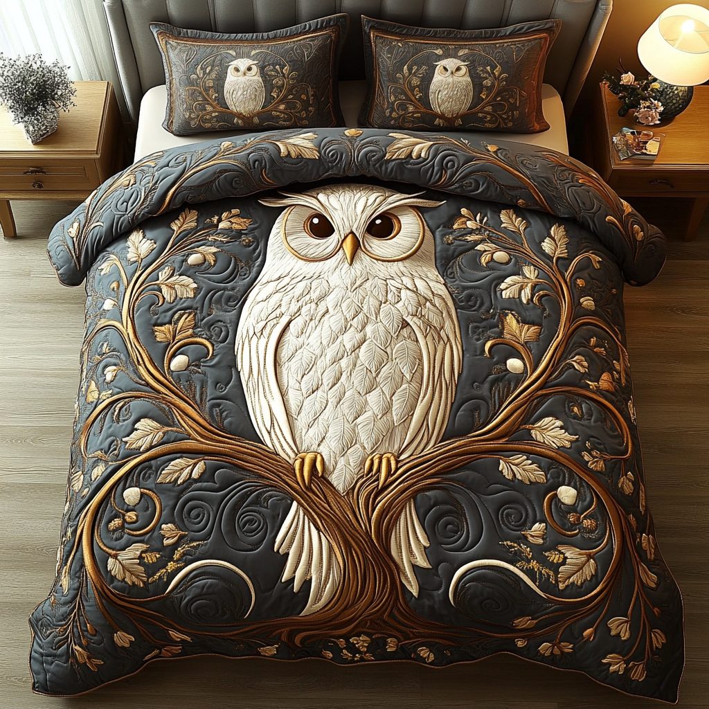 Woodland Wisdom quilted 3-piece bedding set on a made bed with two matching pillow shams