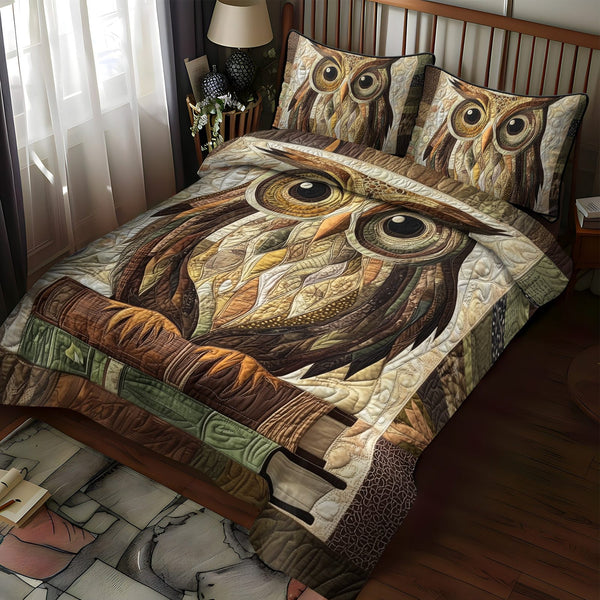 Woodland Wisdom quilted 3-piece bedding set on a made bed with two matching pillow shams