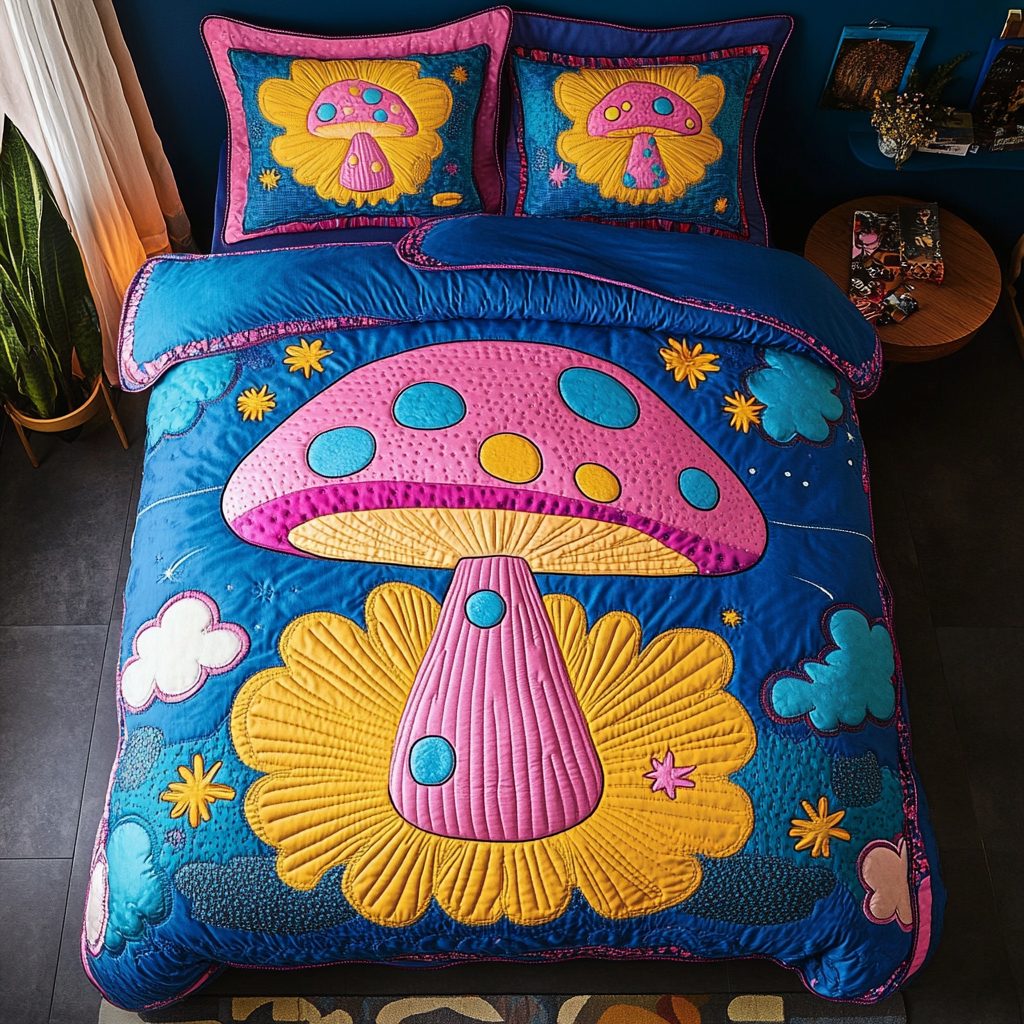 Woodland Wonder quilted 3-piece bedding set on a made bed with two matching pillow shams