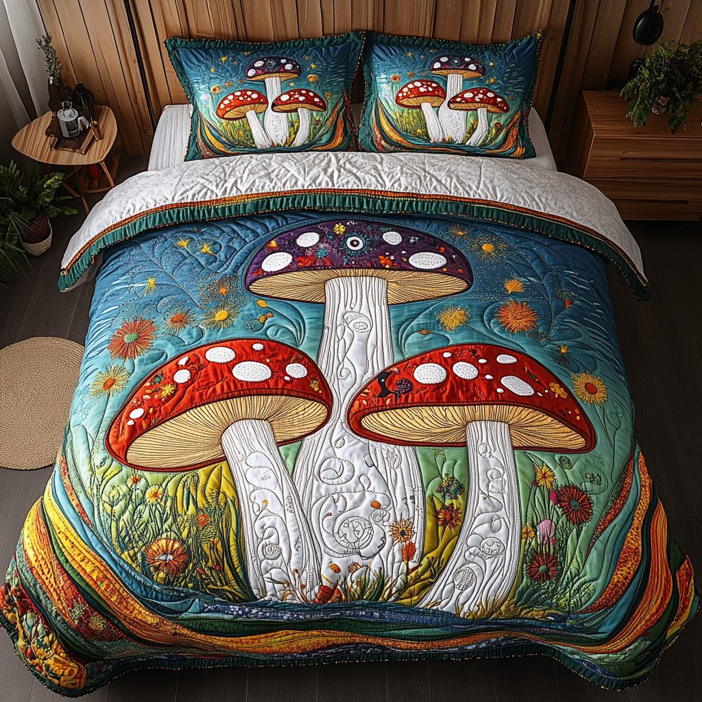 Woodland Wonder quilted 3-piece bedding set on a made bed with two matching pillow shams