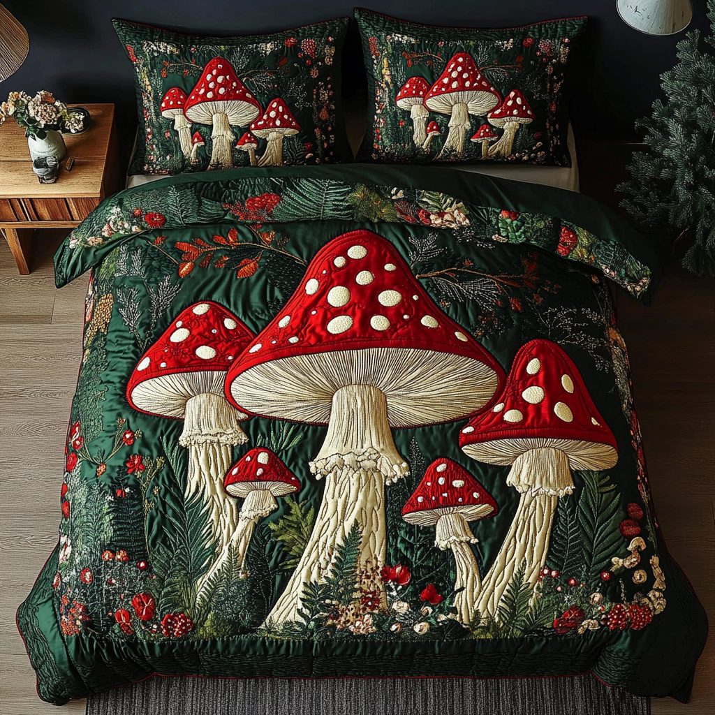 Woodland Wonders quilted 3-piece bedding set on a made bed with two matching pillow shams