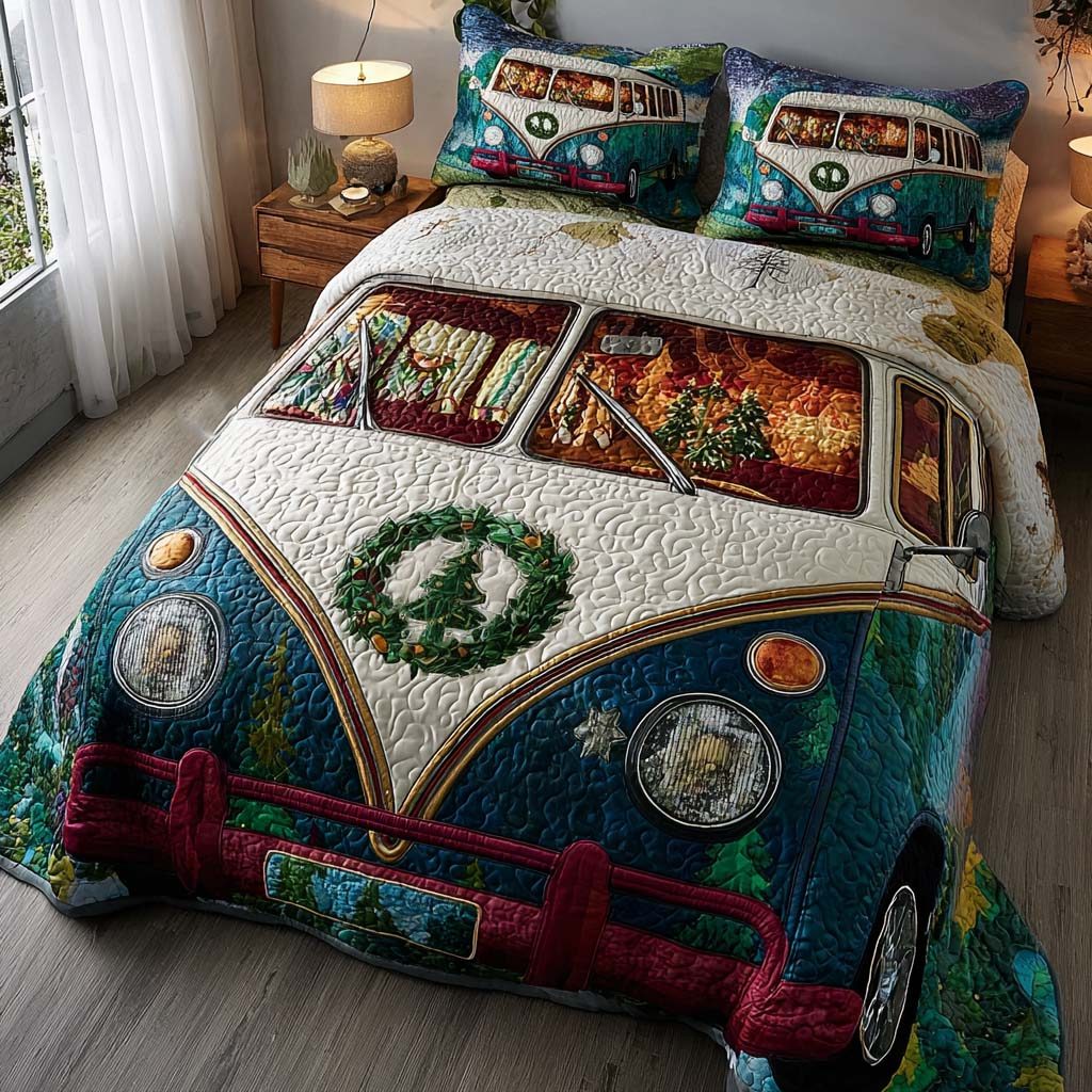 Woodland Xmas Camp quilted 3-piece bedding set on a made bed in a winter-styled bedroom