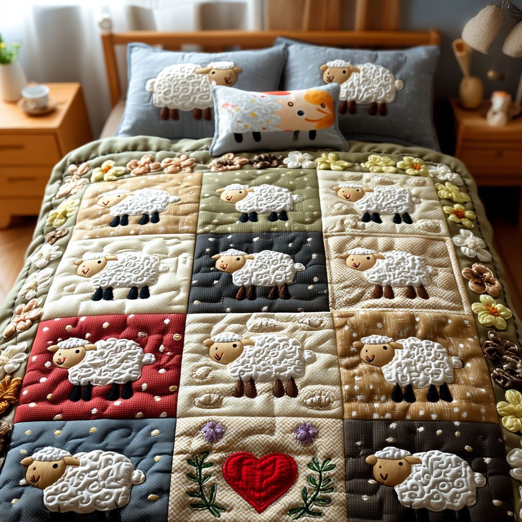 Woolen Wonders quilted 3-piece bedding set on a made bed with two matching pillow shams