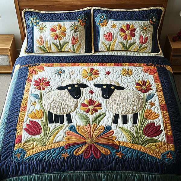 Woolly Comfort quilted 3-piece bedding set on a made bed with two matching pillow shams