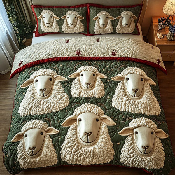 Woolly Dreams quilted 3-piece bedding set on a made bed with two matching pillow shams