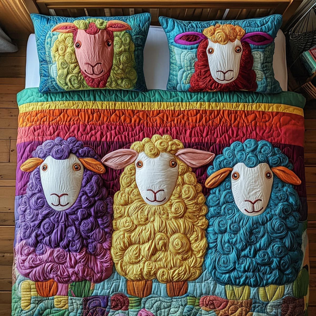 Woolly Friends quilted 3-piece bedding set on a made bed with two matching pillow shams