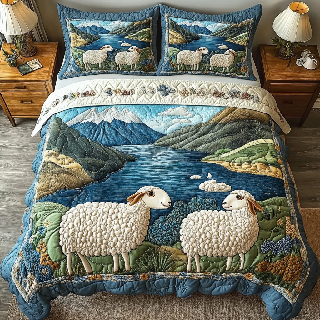 Woolly Sheep quilted 3-piece bedding set on a made bed with two matching pillow shams
