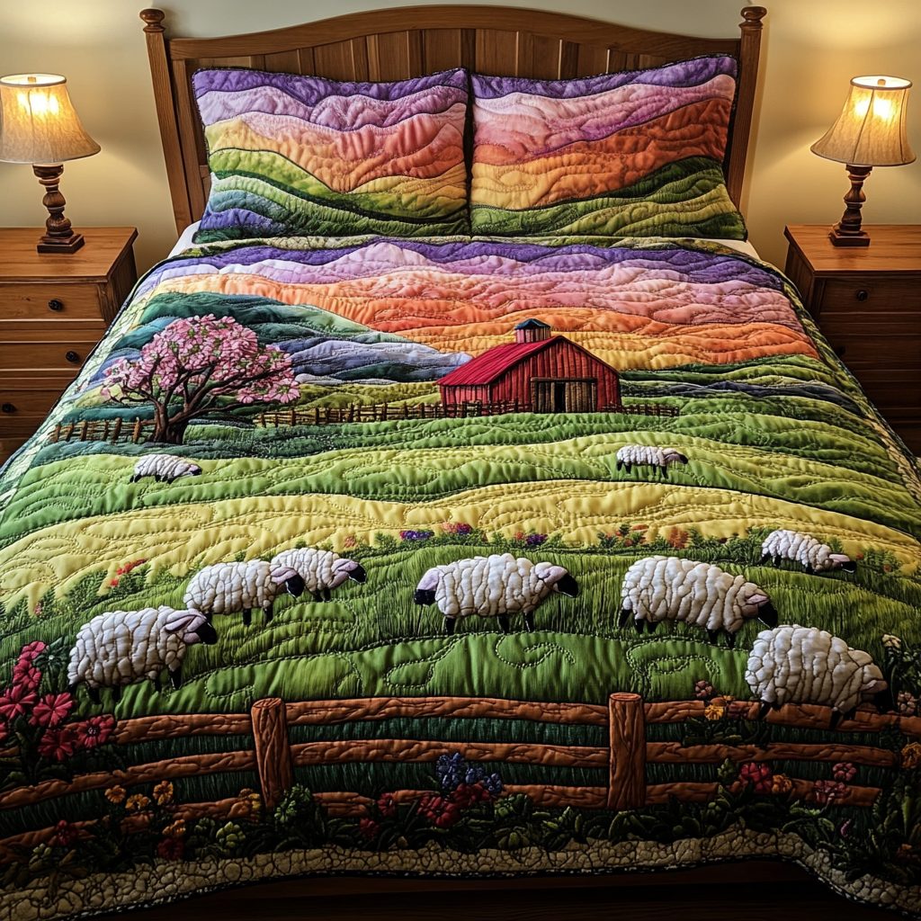 Woolly Sheep quilted 3-piece bedding set on a made bed with two matching pillow shams